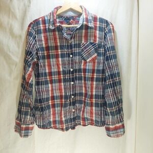 𝅺Tommy Hilfiger Women's Red/White/Blue Plaid Long Sleeve Button Up